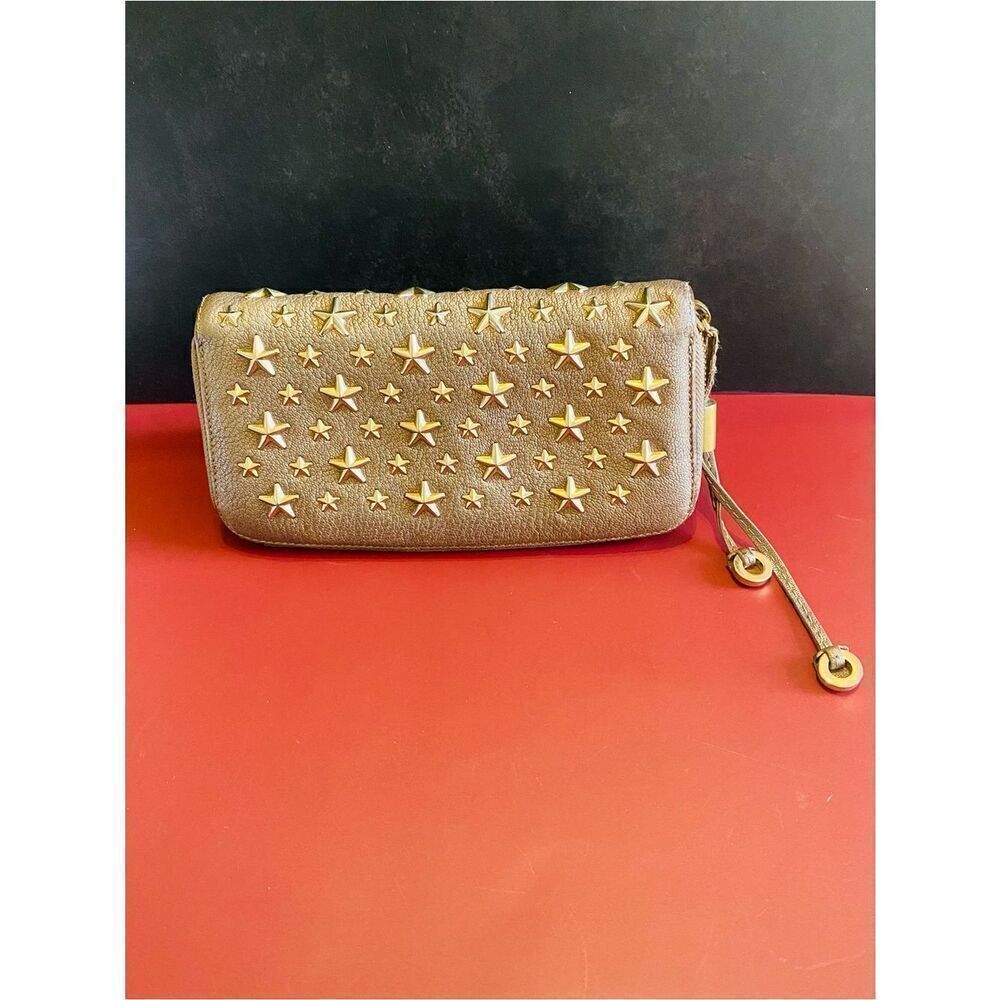 Jimmy Choo Taupe Gold Star-Studded Zip Around Long Wallet Authentic - Picture 5 of 17